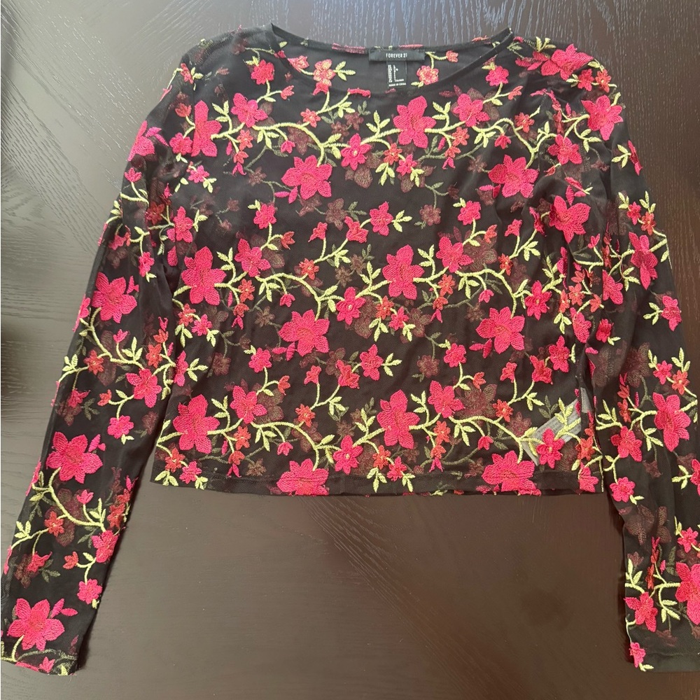 Forever 21 Black sheer long sleeved shirt w/ floral embroidery. Size L